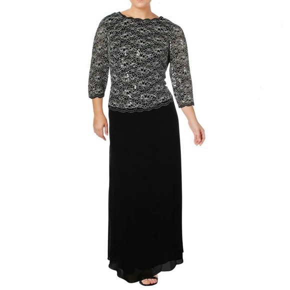 NWT Alex Evenings Black Sequin Lace Chiffon Midi Special Occasion Dress Size 16 - Picture 2 of 14